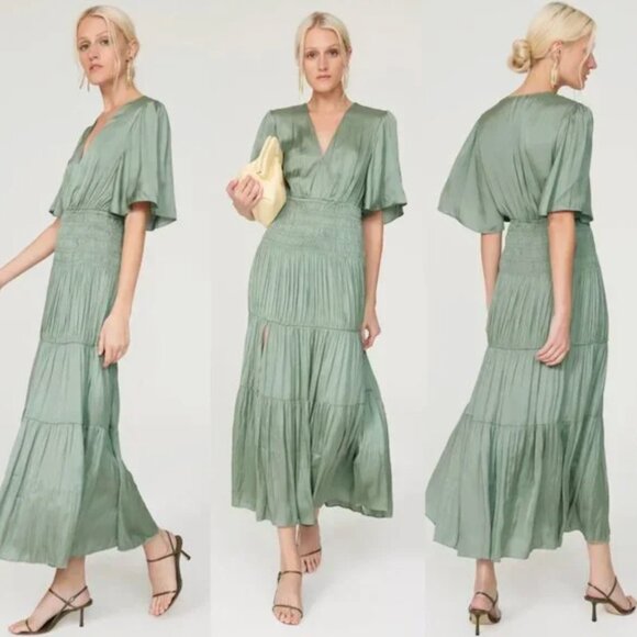 MAJE Rome Green Ruched Midi Dress Size 38 - Picture 1 of 9